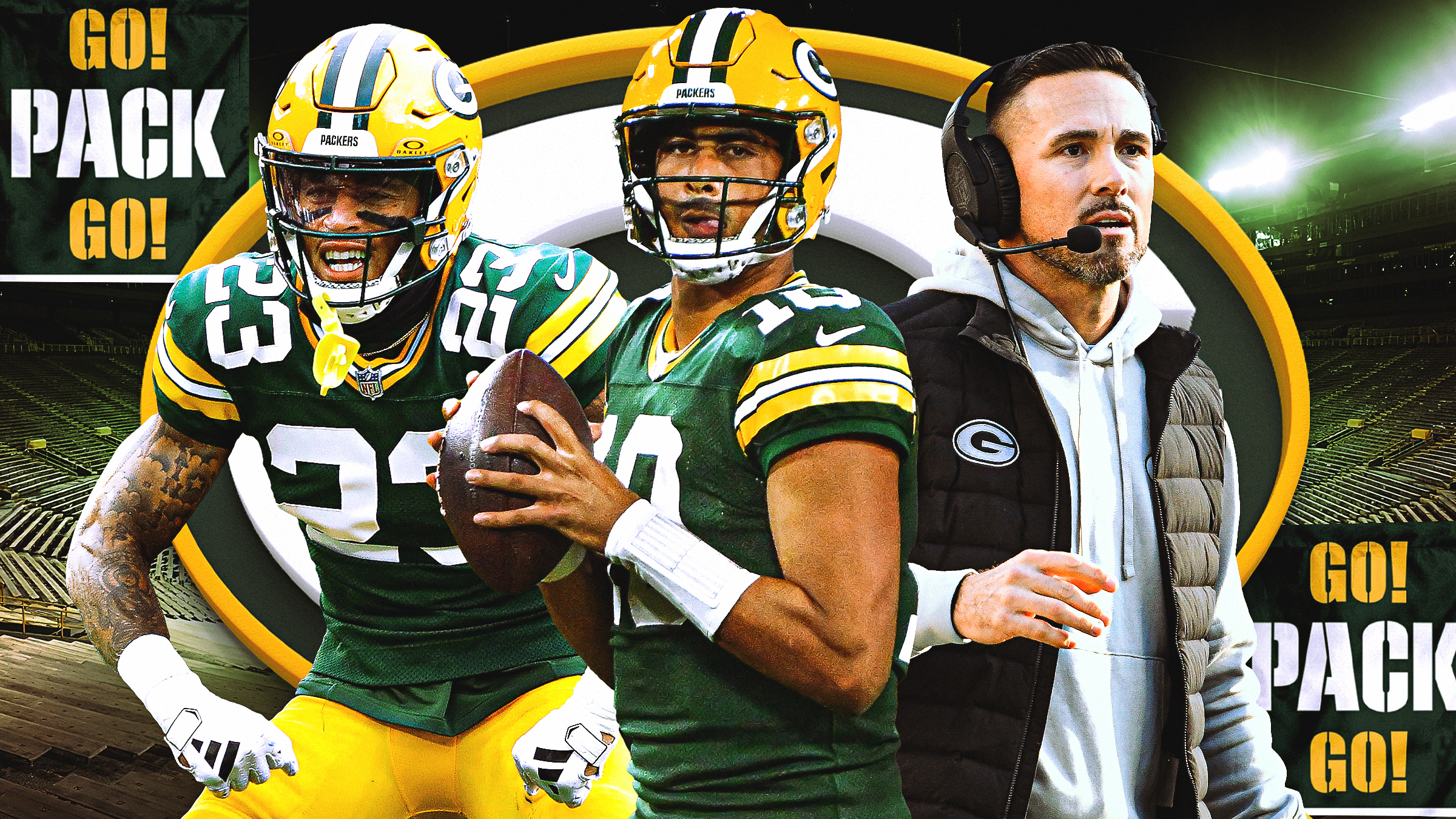Graphic with (L-R) Jaire Alexander, Jordan Love and Matt LaFleur in front of the Packers' logo and text that says "Go, Pack, Go"