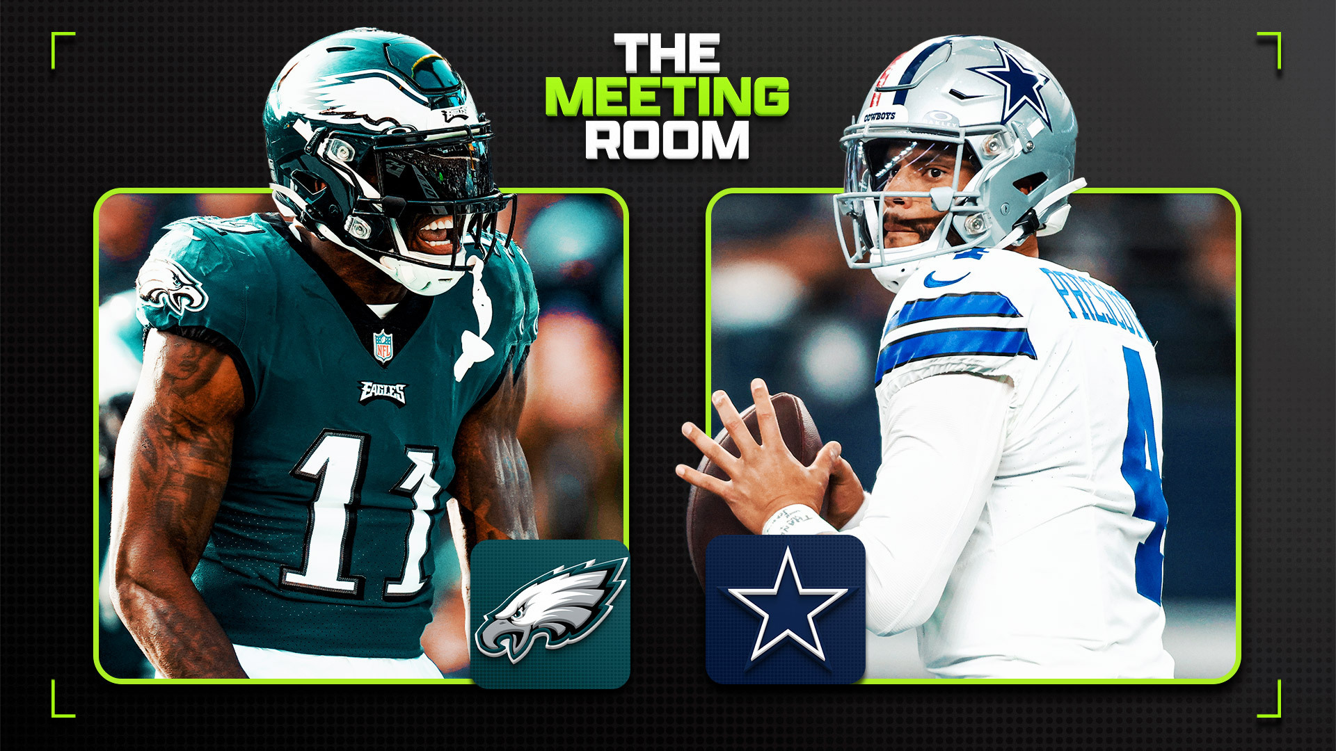 The Meeting Room graphic featuring images of A.J. Brown (L) and Dak Prescott (R)