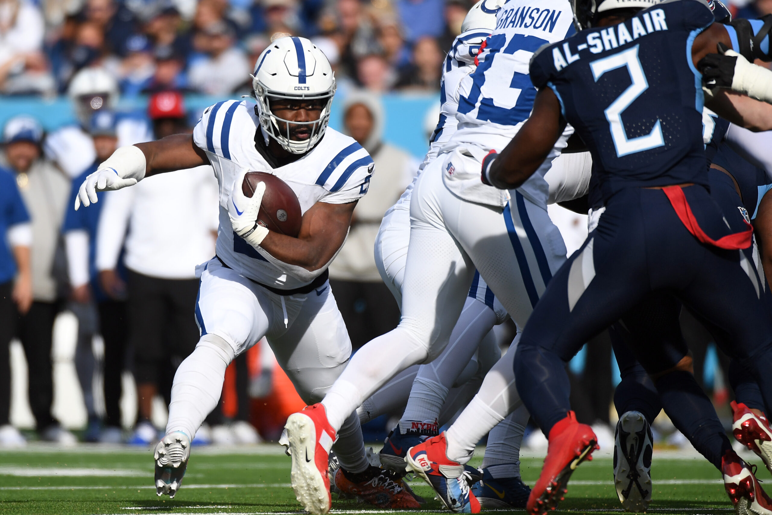 Zack Moss tries to get around the line of scrimmage