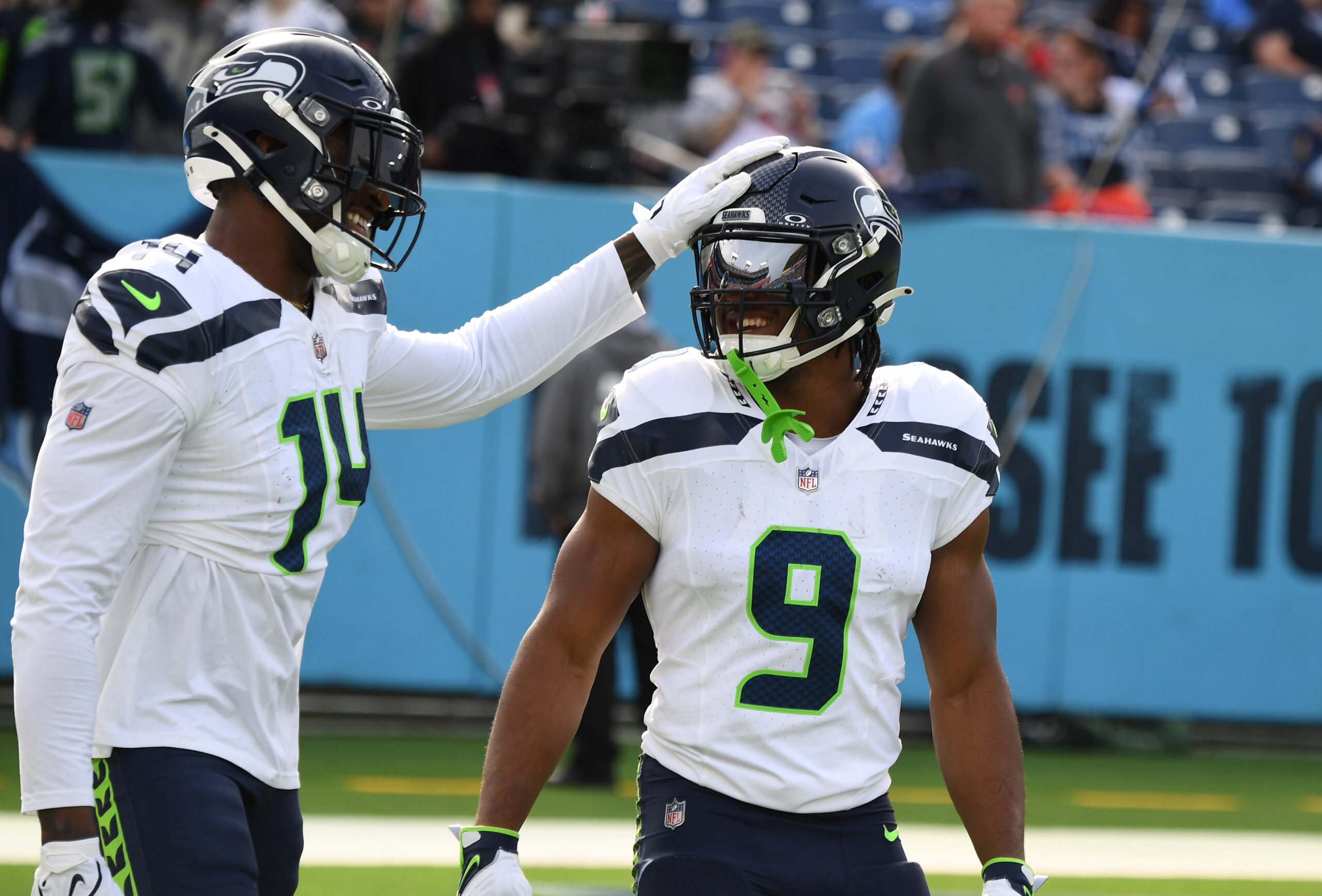 Seattle Seahawks wide receiver DK Metcalf, left, and running back Kenneth Walker III