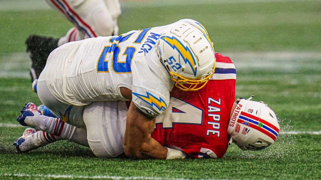 The Chargers Khalil Mack sacks the Patriots' Bailey Zappe