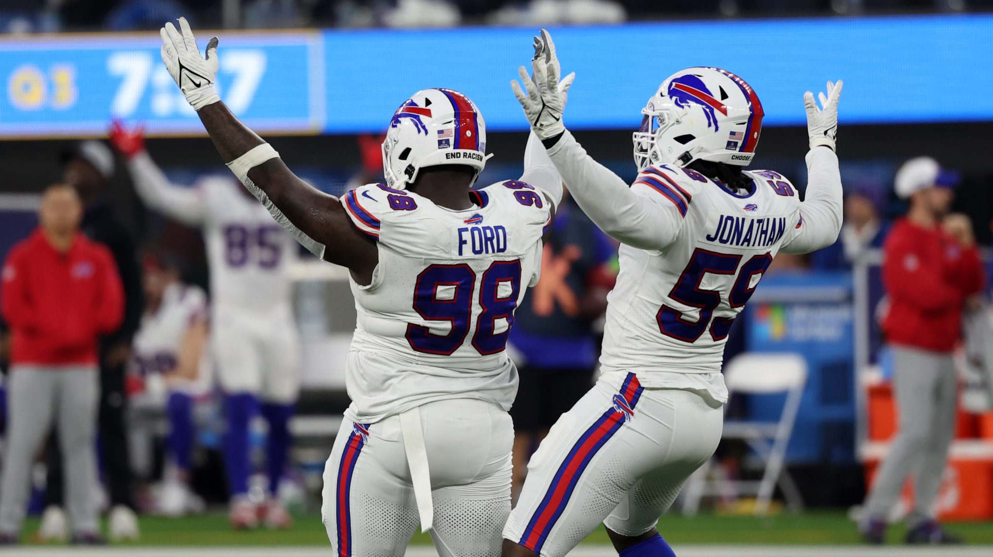 Buffalo Bills defensive linemen Poona Ford, left, and Kingsley Jonathan