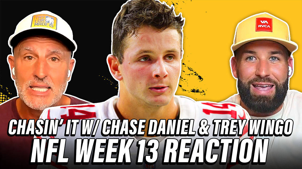 Screen grab of Trey Wingo on the left and Chase Daniel on the right with an image of Brock Purdy in the middle. Text reads: Chasin' It with Chase Daniel and Trey Wingo — NFL Week 13 Reaction"