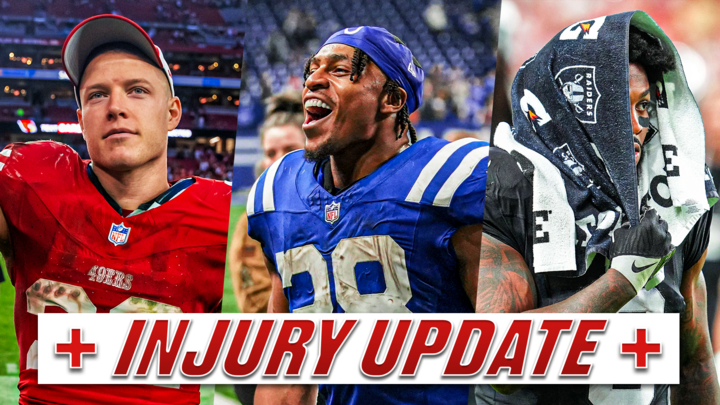 Split screen images of Christian McCaffrey, Jonathan Taylor and Josh Jacobs with text at the bottom that reads "injury report"