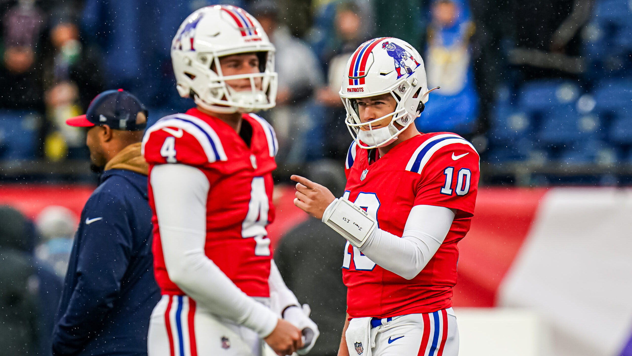 New England Patriots quarterbacks Bailey Zappe, left, and Mac Jones