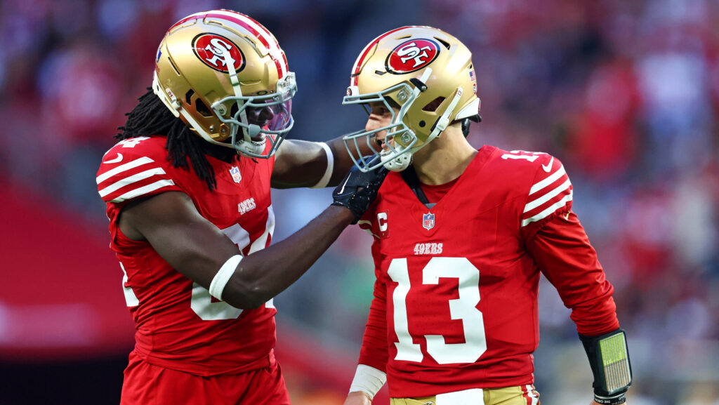 San Francisco 49ers wide receiver Chris Conley, left, quarterback Brock Purdy