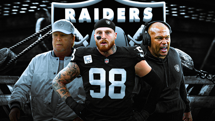 Raiders graphic featuring Mark Davis, Maxx Crosby and Antonio Pierce