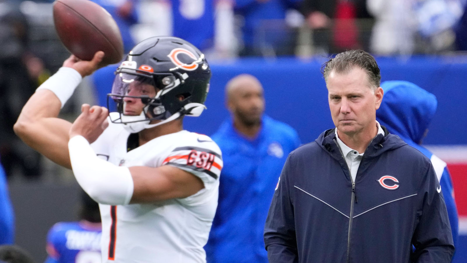 Chicago Bears quarterback Justin Fields and coach Matt Eberflus