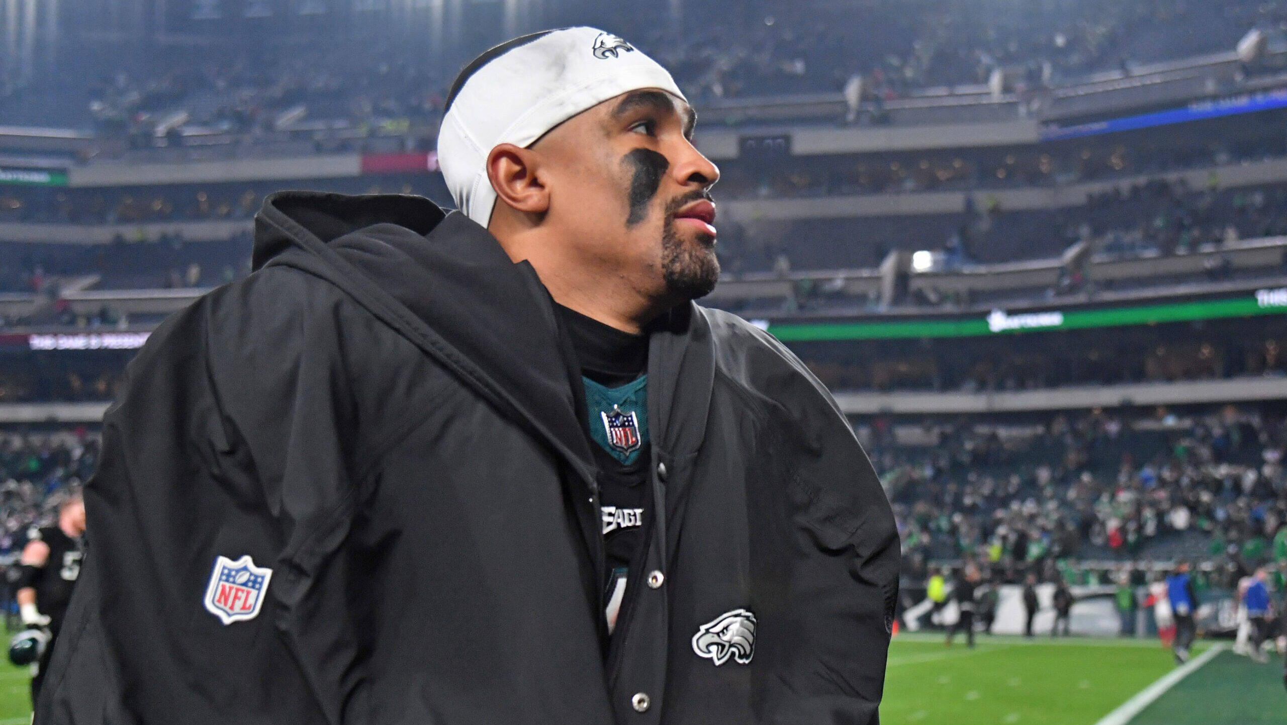 Jalen Hurts walks off the field following Eagles game