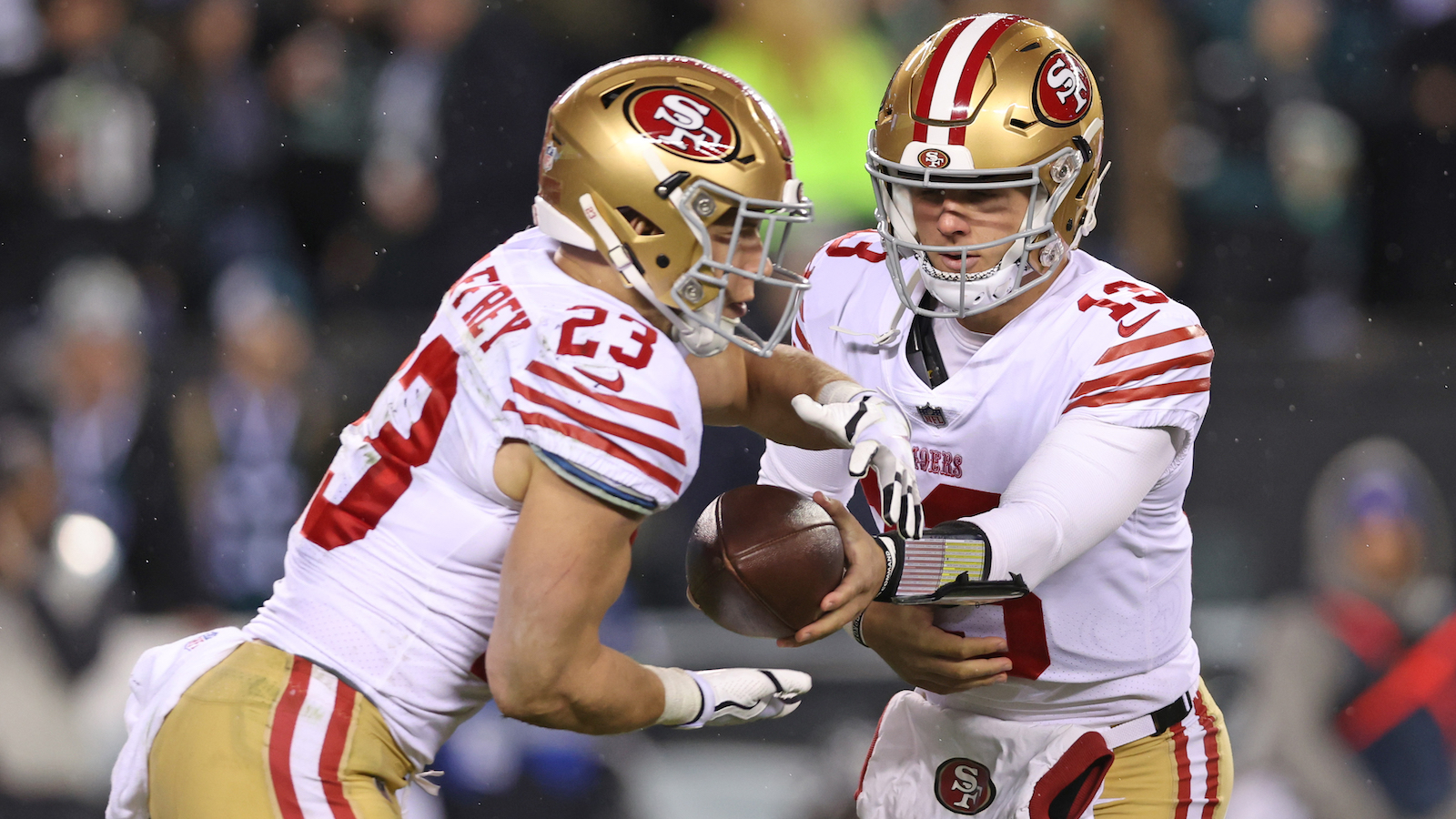 San Francisco 49ers running back Christian McCaffrey and quarterback Brock Purdy