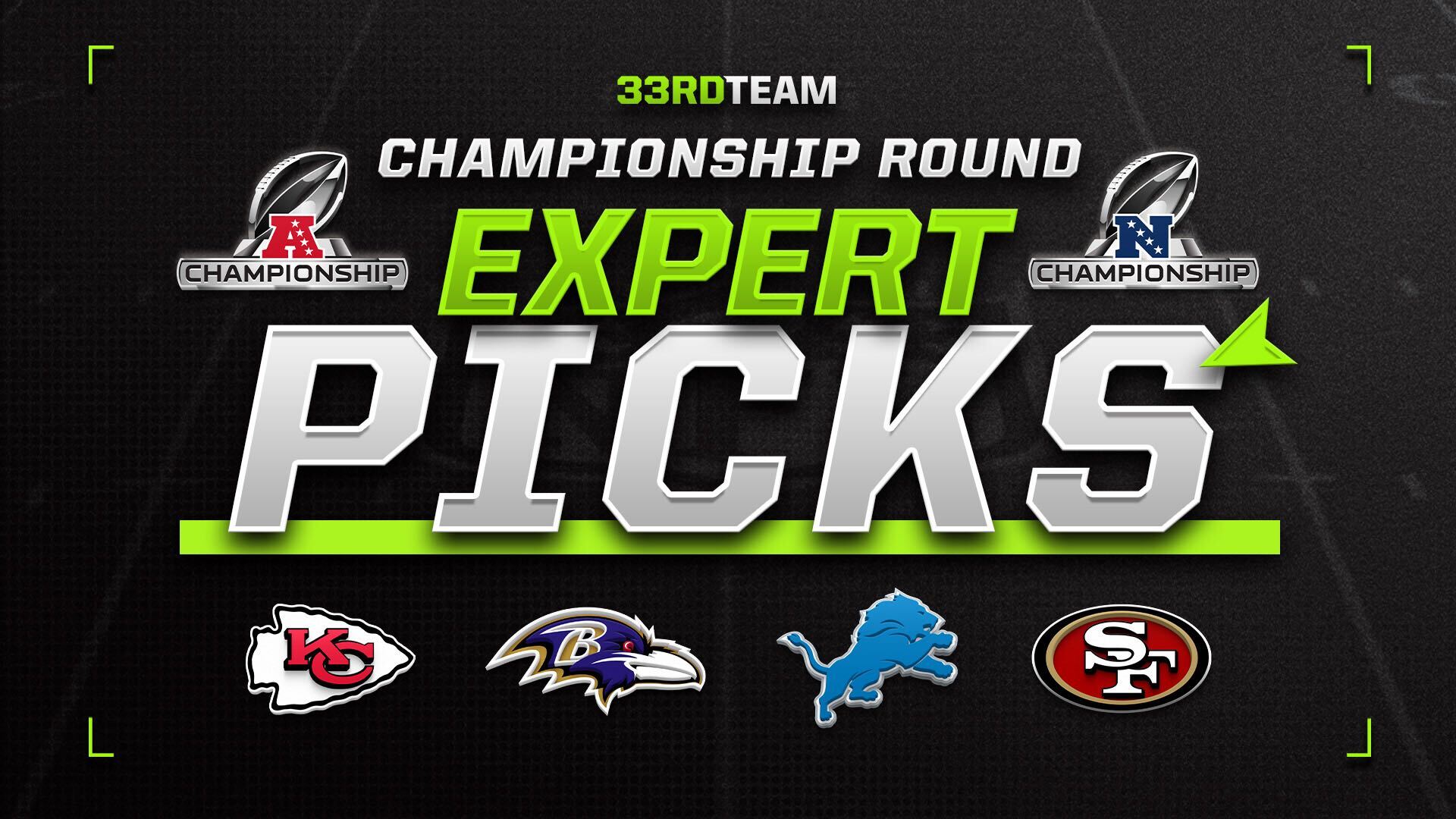 nfl expert picks with logos of the Chiefs, Ravens, Lions and 49ers