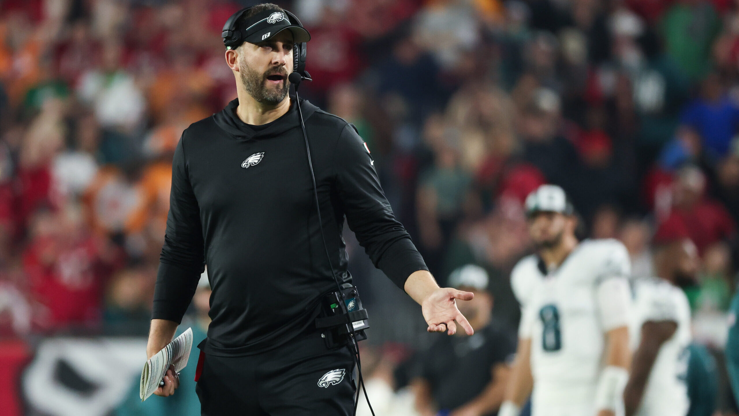 Nick Sirianni stands on field during Eagles loss to Bucaneers