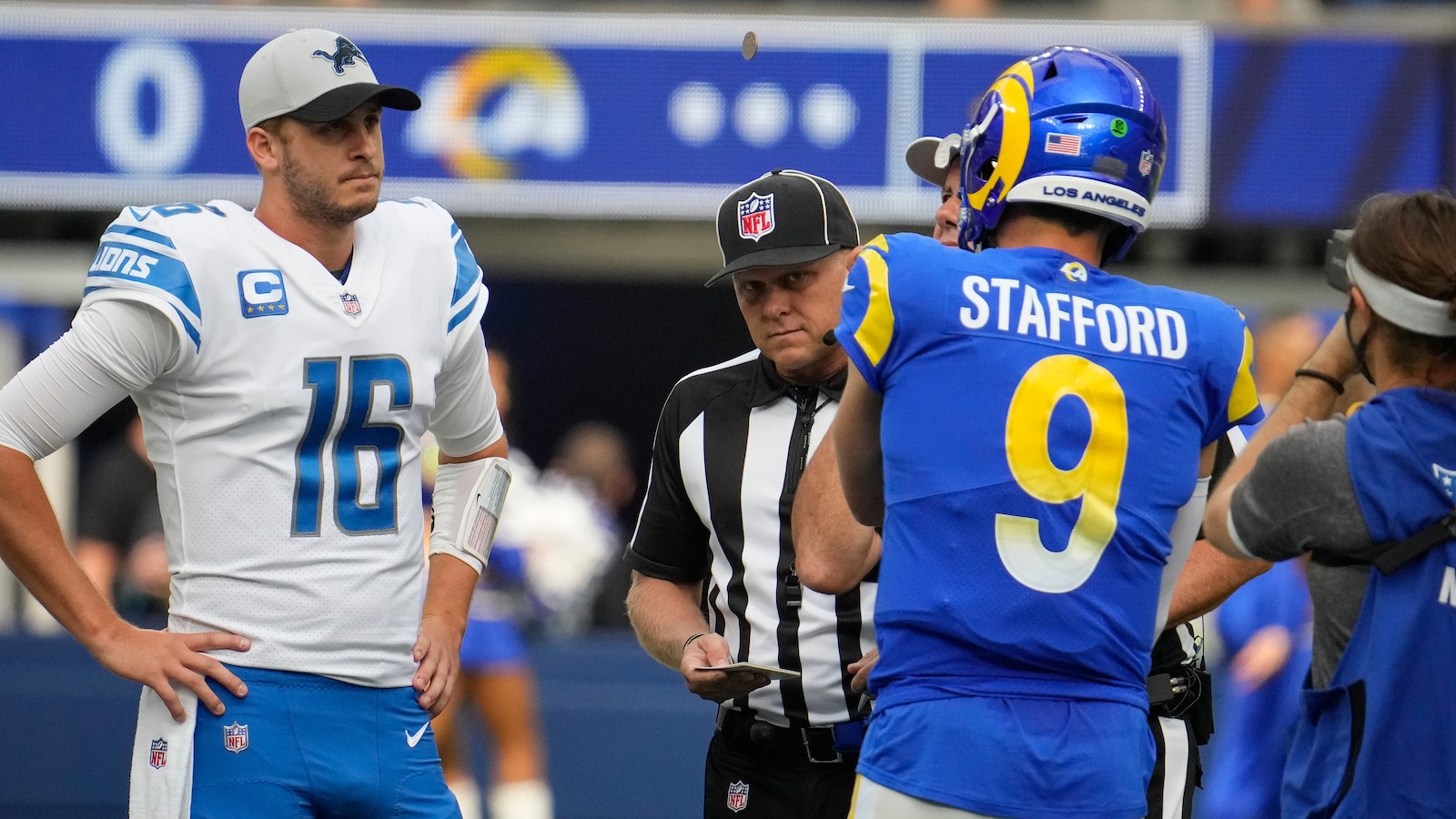 Detroit Lions quarterback Jared Goff and Los Angeles Rams quarterback Matthew Stafford