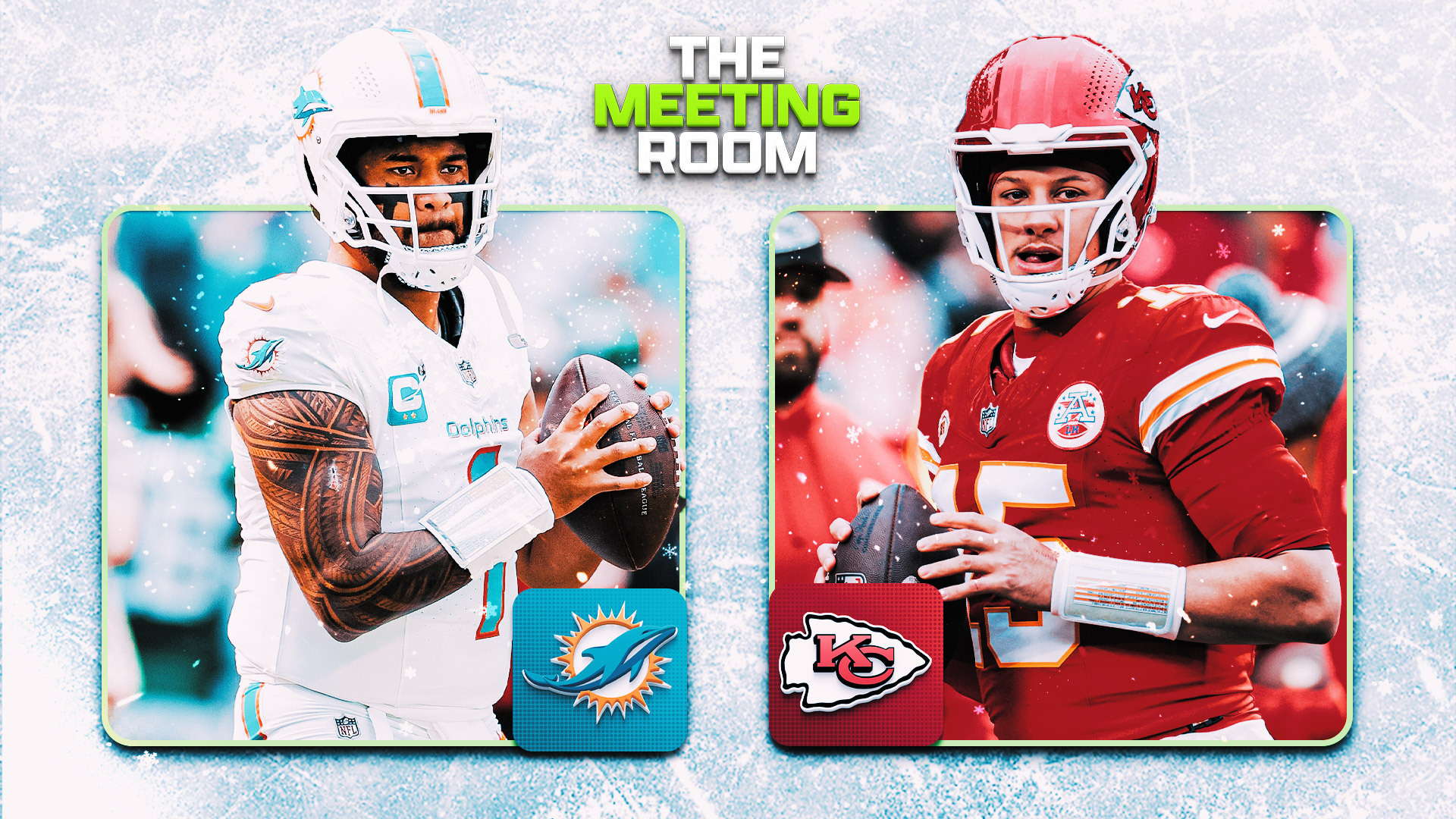 Meeting Room graphic featuring Tua Tagovailoa (in white) and Patrick Mahomes (in red) in front of a snowy background