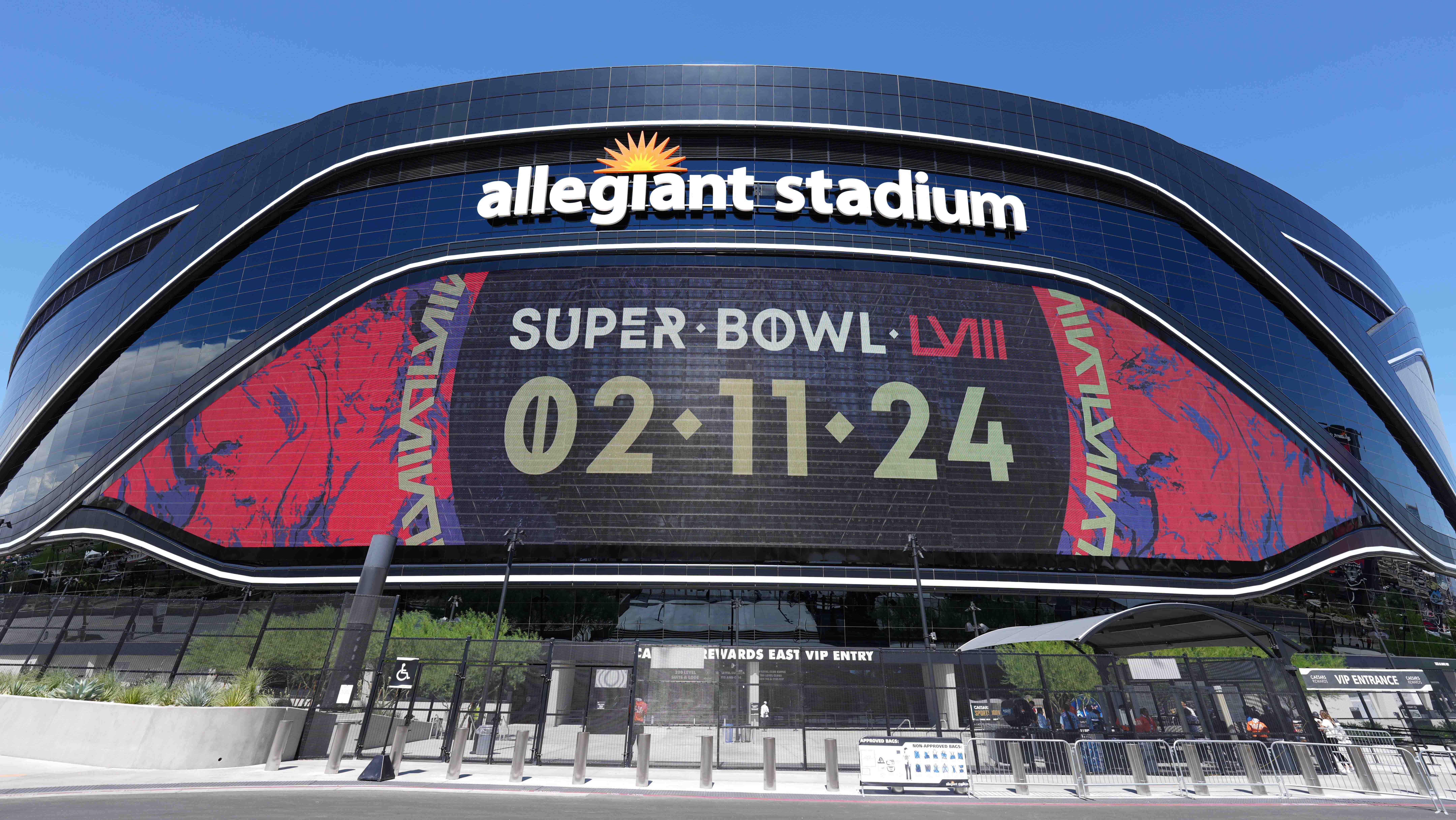 The Super Bowl LVIII (Super Bowl 58) logo on the Allegiant Stadium marquee