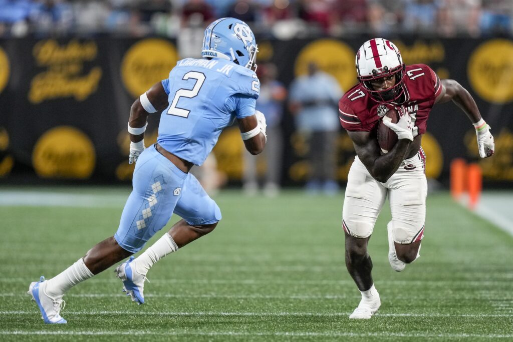 South Carolina WR Xavier Worthy runs with the ball vs. North Carolina