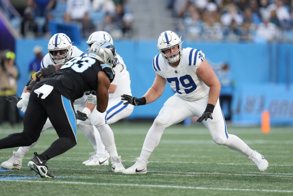 Bernhard Raimann looks to his left as the ball is snapped