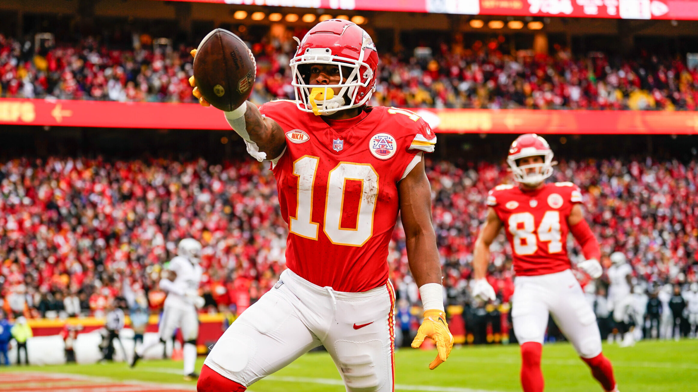 Kansas City Chiefs RB Isiah Pacheco runs into the end zone for a touchdown.