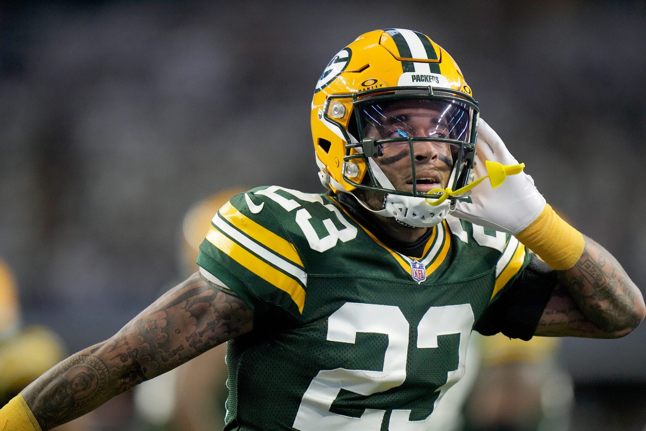Green Bay Packers cornerback Jaire Alexander celebrates after a play
