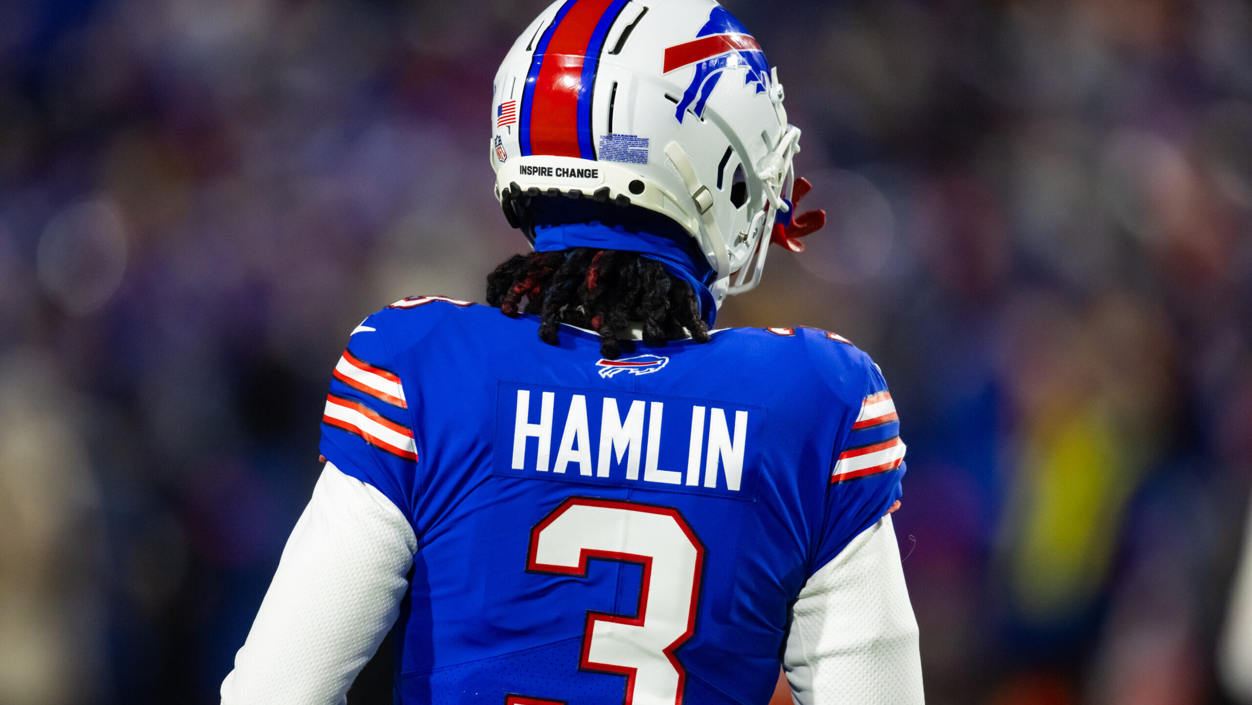 Image of Buffalo Bills safety Damar Hamlin standing on the field