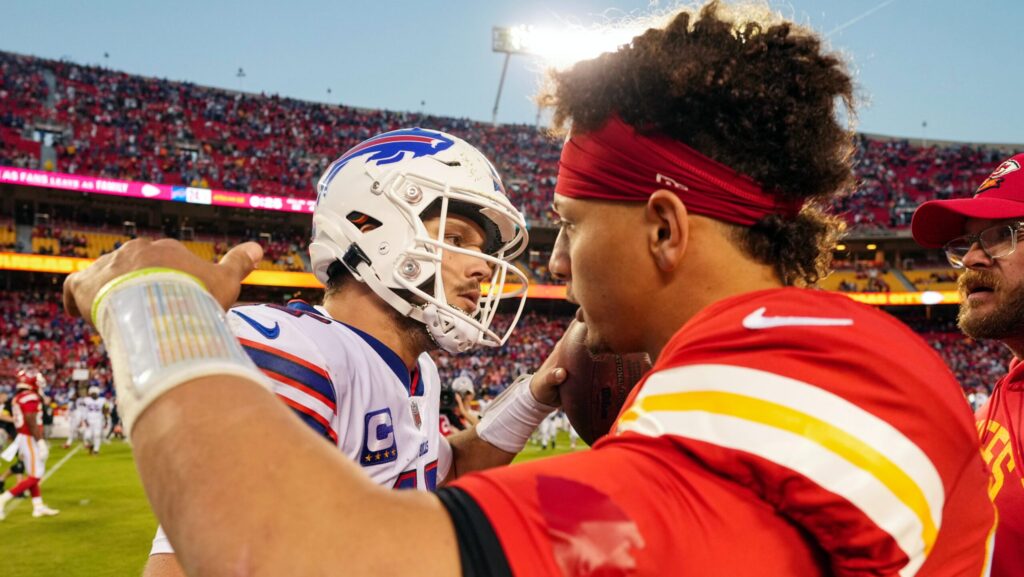 Buffalo Bills quarterback Josh Allen, left, and Kansas City Chiefs quarterback Patrick Mahomes