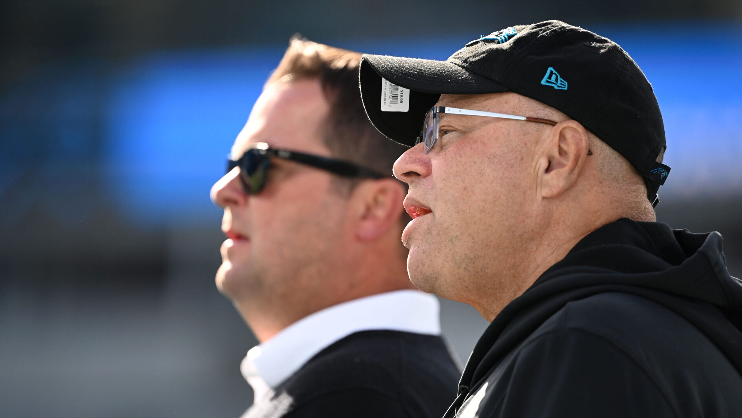 Carolina Panthers owner David Tepper, right, and former general manager Scott Fitterer