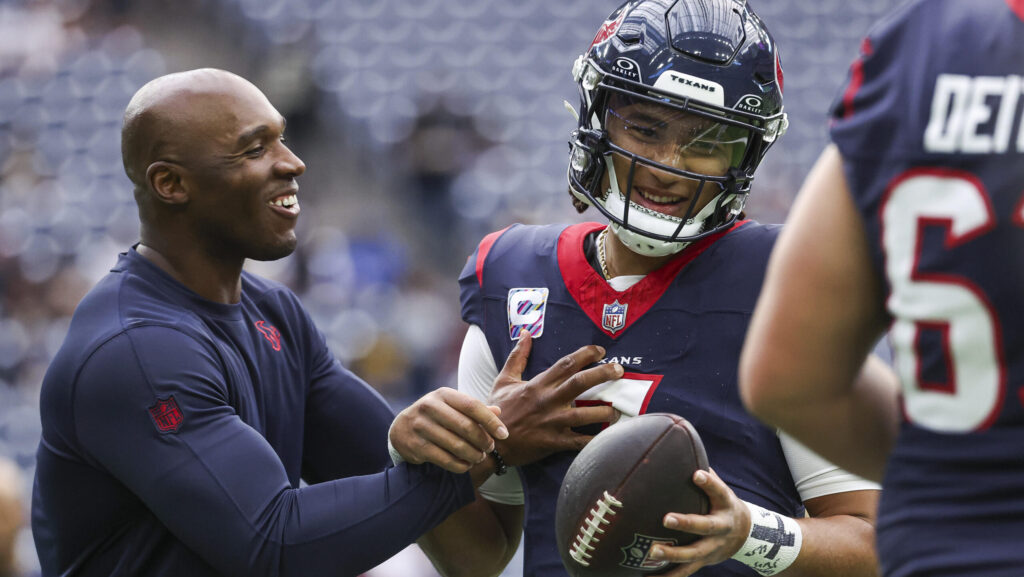 Houston Texans head coach DeMeco Ryans, left, and quarterback C.J. Stroud