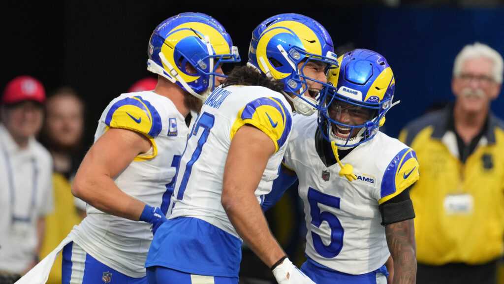 Los Angeles Rams wide receivers, from left, Cooper Kupp, Puka Nacua and Tutu Atwell