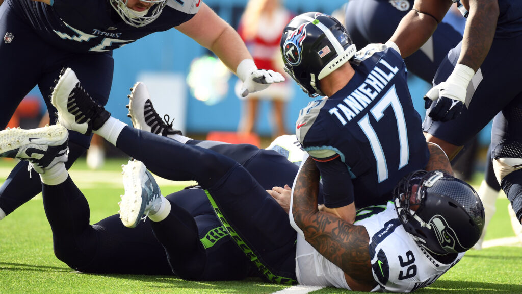 Seattle Seahawks defensive tackle Leonard Williams sacks Ryan Tannehill