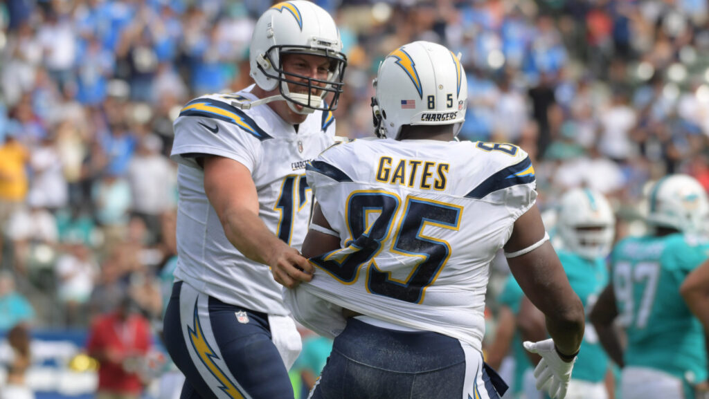 Philip Rivers and Antonio Gates celebrate a touchdown