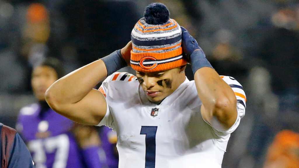 Bears QB Justin Fields upset on the sideline.