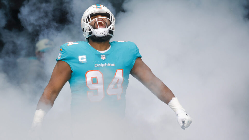 Miami Dolphins defensive tackle runs out of tunnel at Hard Rock Stadium