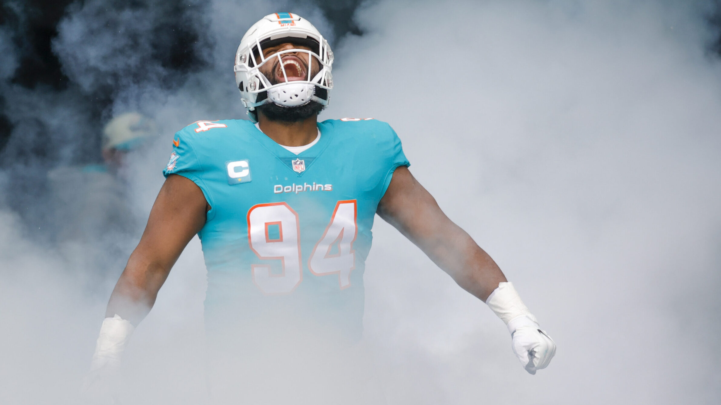 Miami Dolphins defensive tackle runs out of tunnel at Hard Rock Stadium