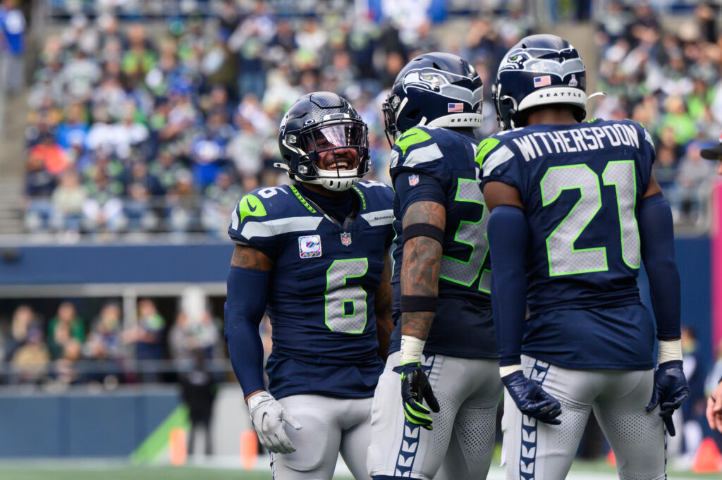 Quandre Diggs celebrates with Seattle Seahawks teammates