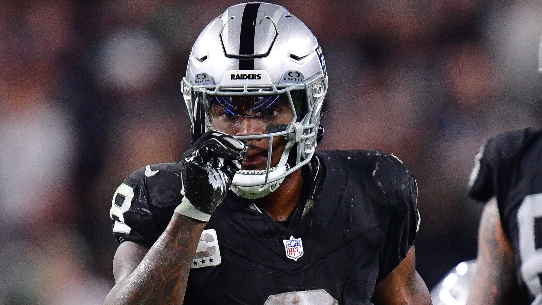 Las Vegas Raiders running back Josh Jacobs celebrates a first down.