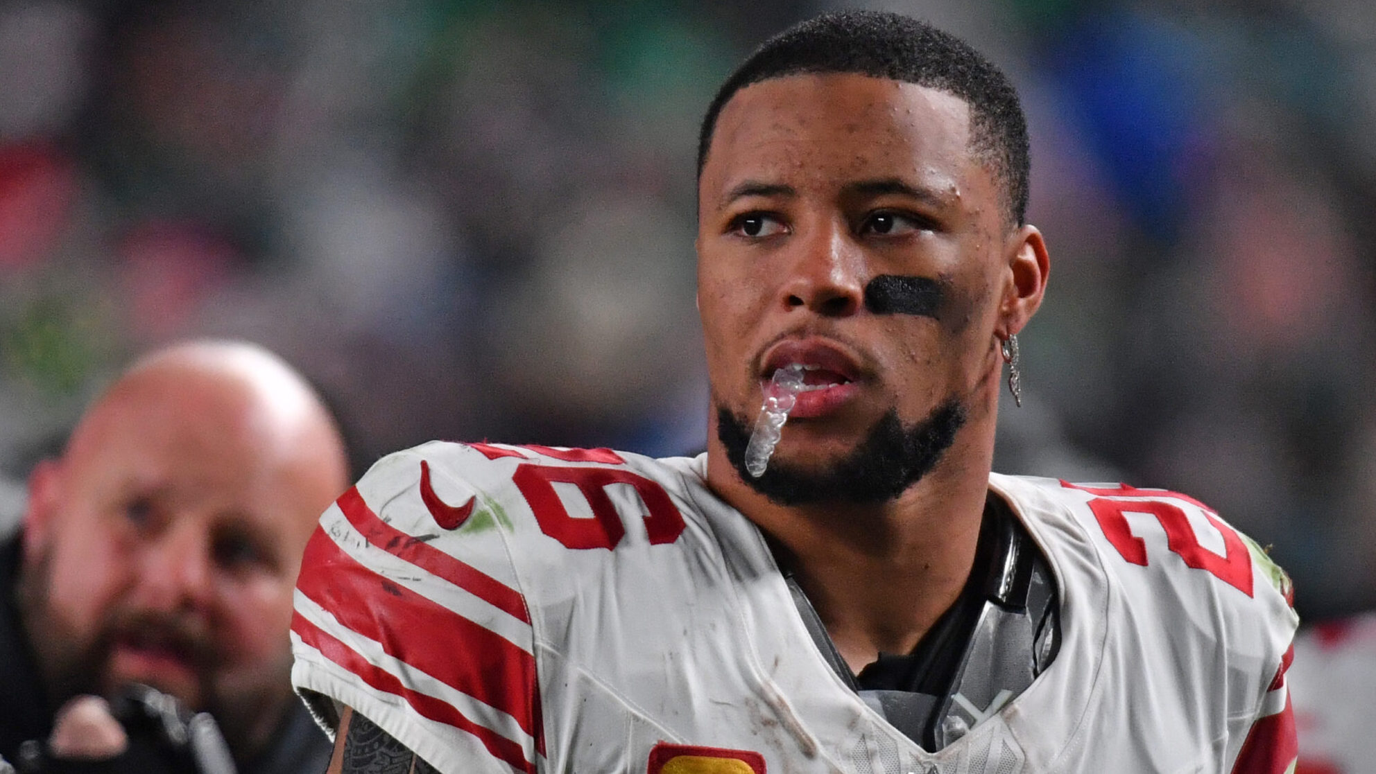 Giants RB Saquon Barkley looks off into the distance