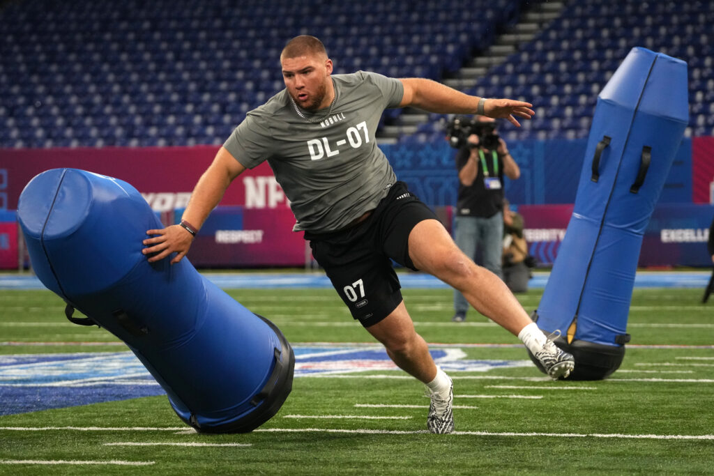 Braden Fiske runs drills at the NFL combine