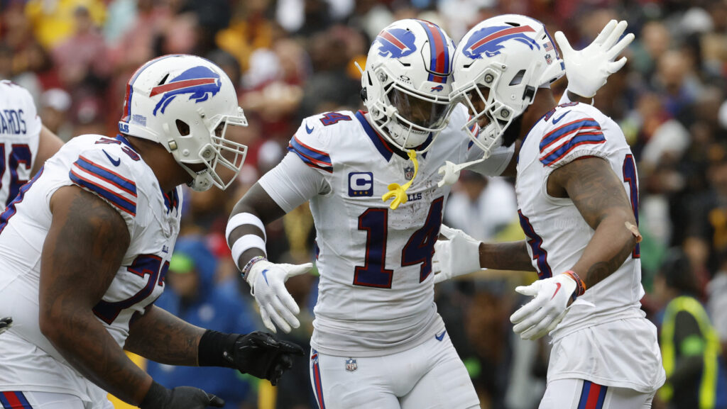 Buffalo Bills wide receivers Stefon Diggs, center, and Gabe Davis, right