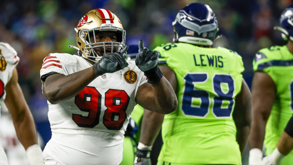 San Francisco 49ers defensive tackle Javon Hargrave celebrates a sack