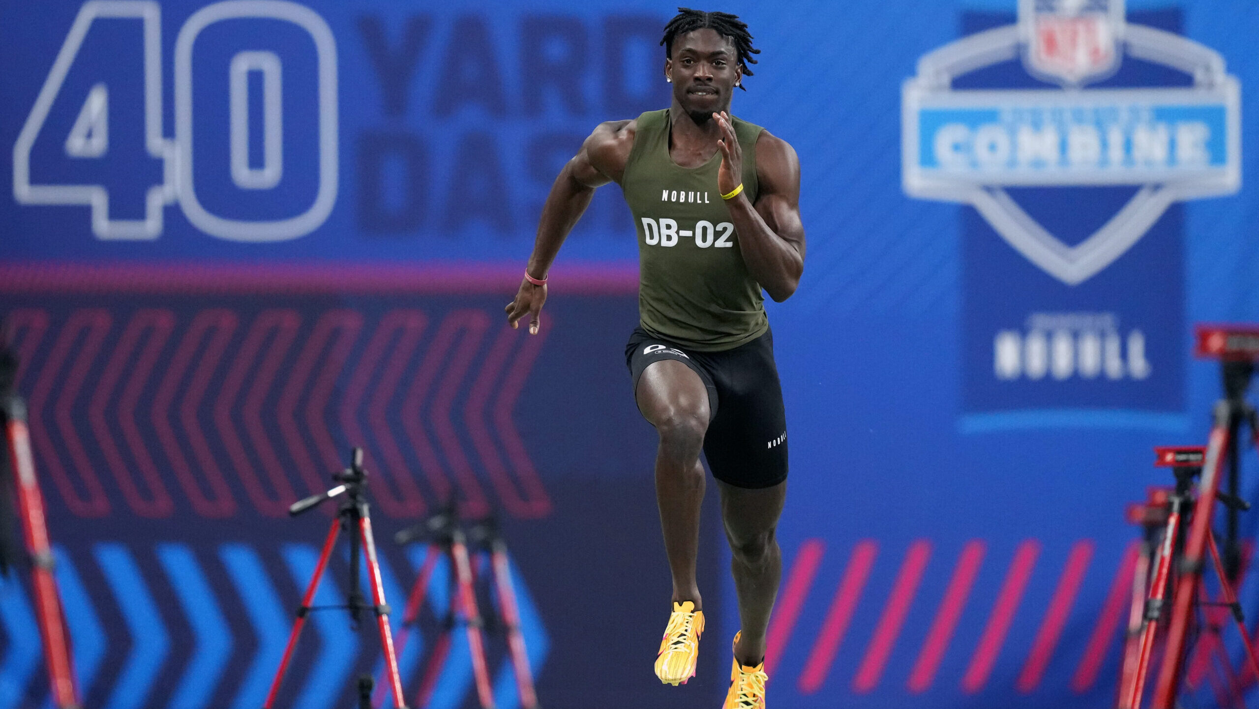 Alabama cornerback Terrion Arnold runs his 40-yard dash at the 2024 NFL Combine