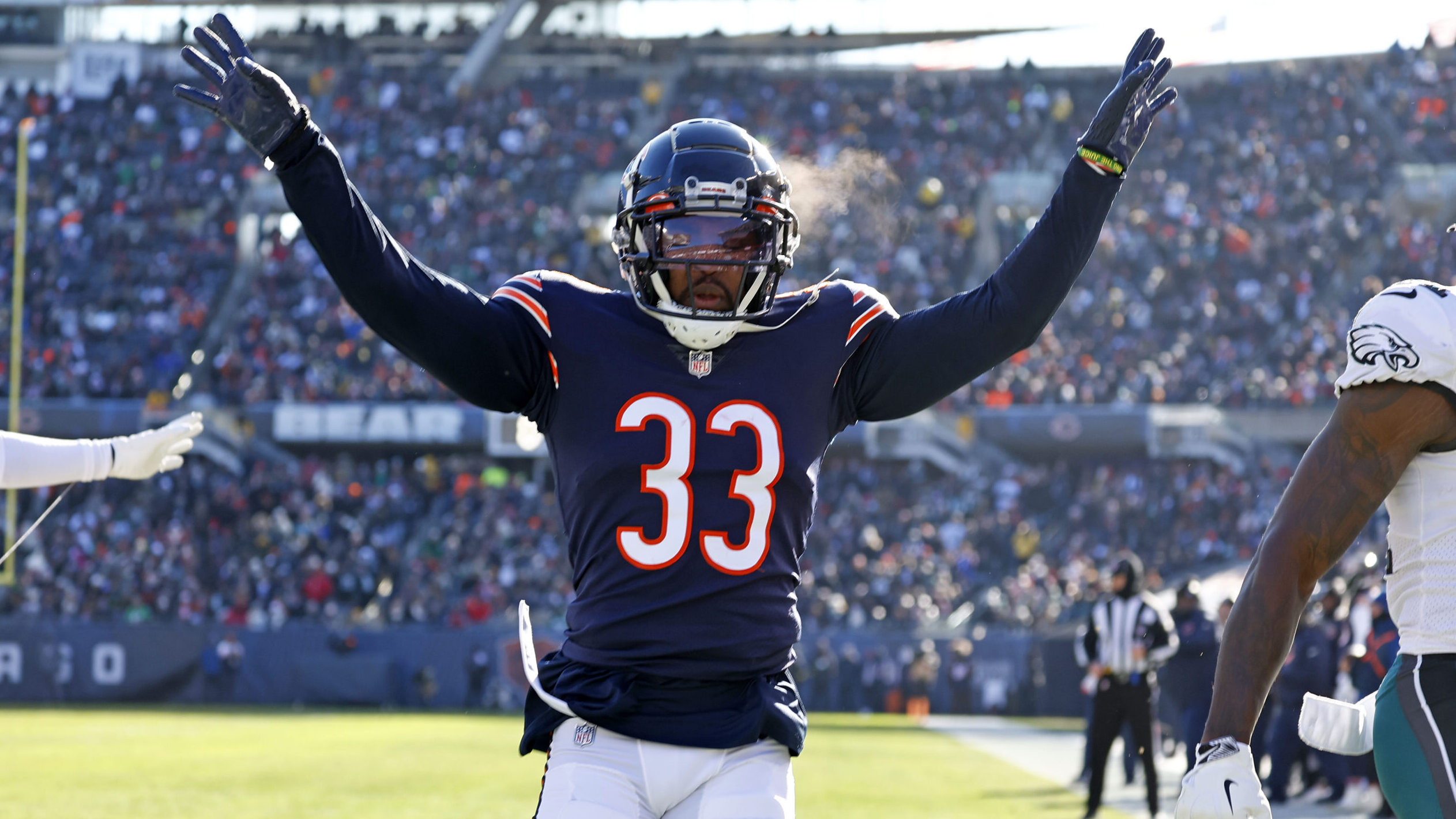 Bears cornerback Jaylon Johnson reacts after a pass breakup.