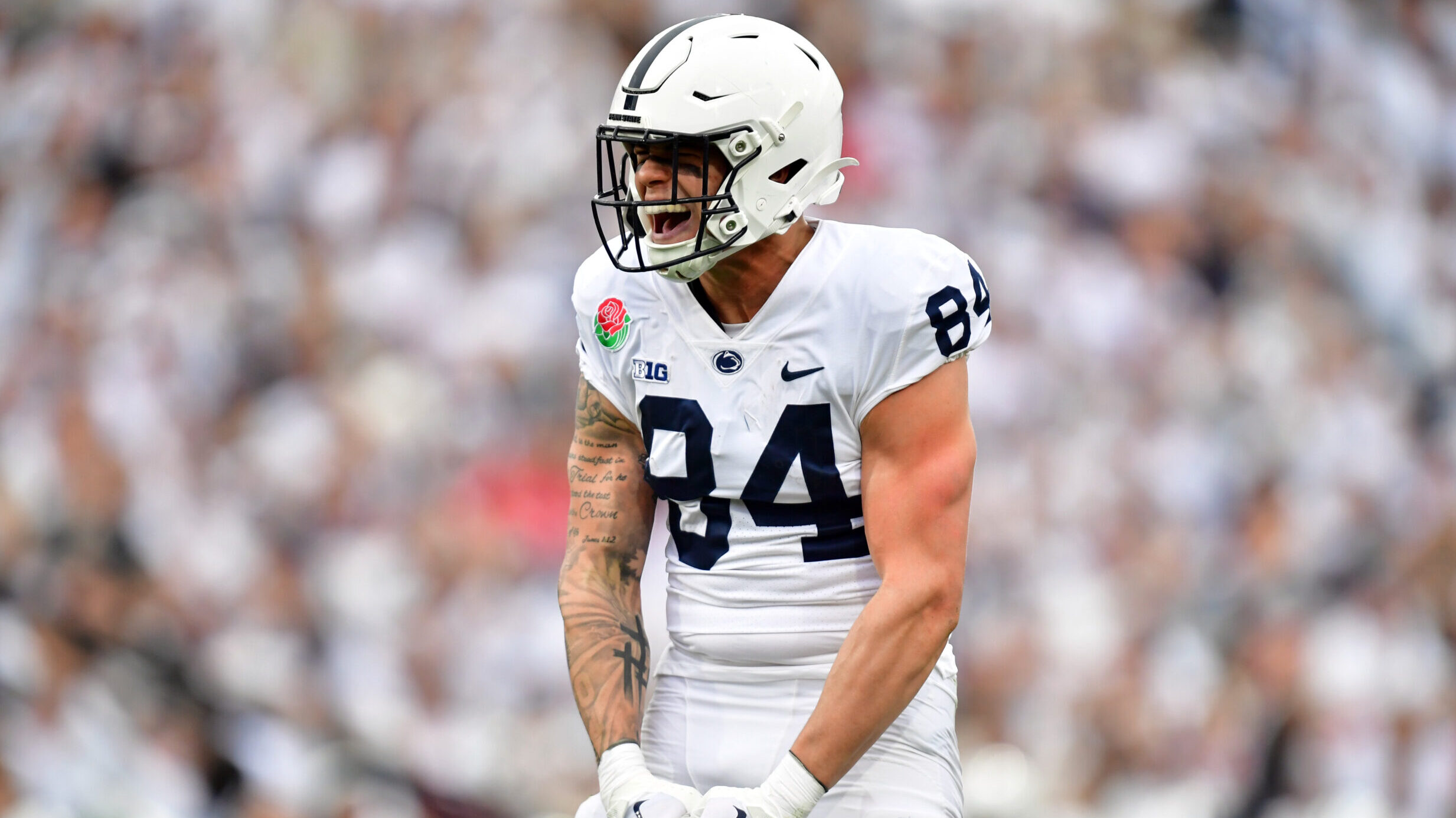 Penn State TE Theo Johnson reacts after a catch