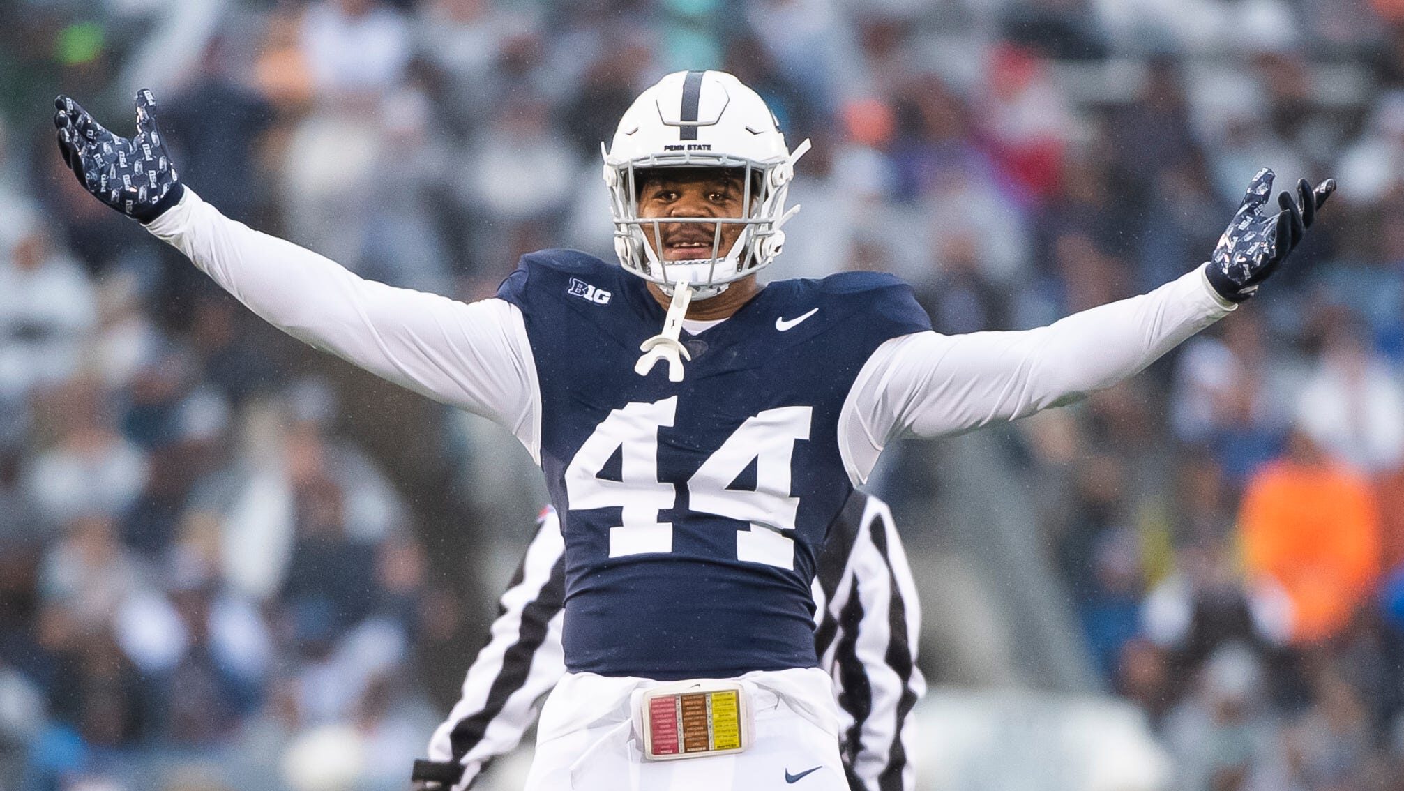 Penn State DE Chop Robinson celebrates after a sack