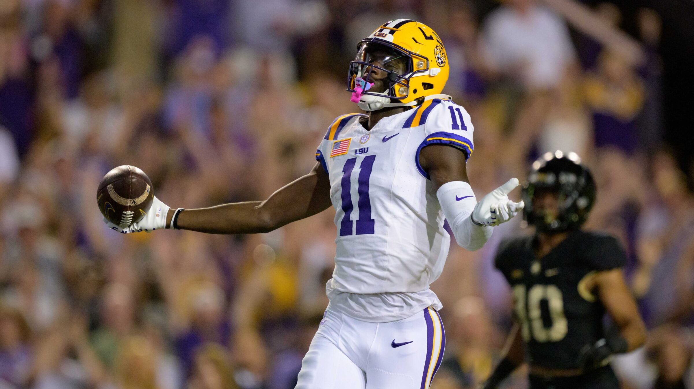 LSU WR Brian Thomas Jr. celebrates after a touchdown.