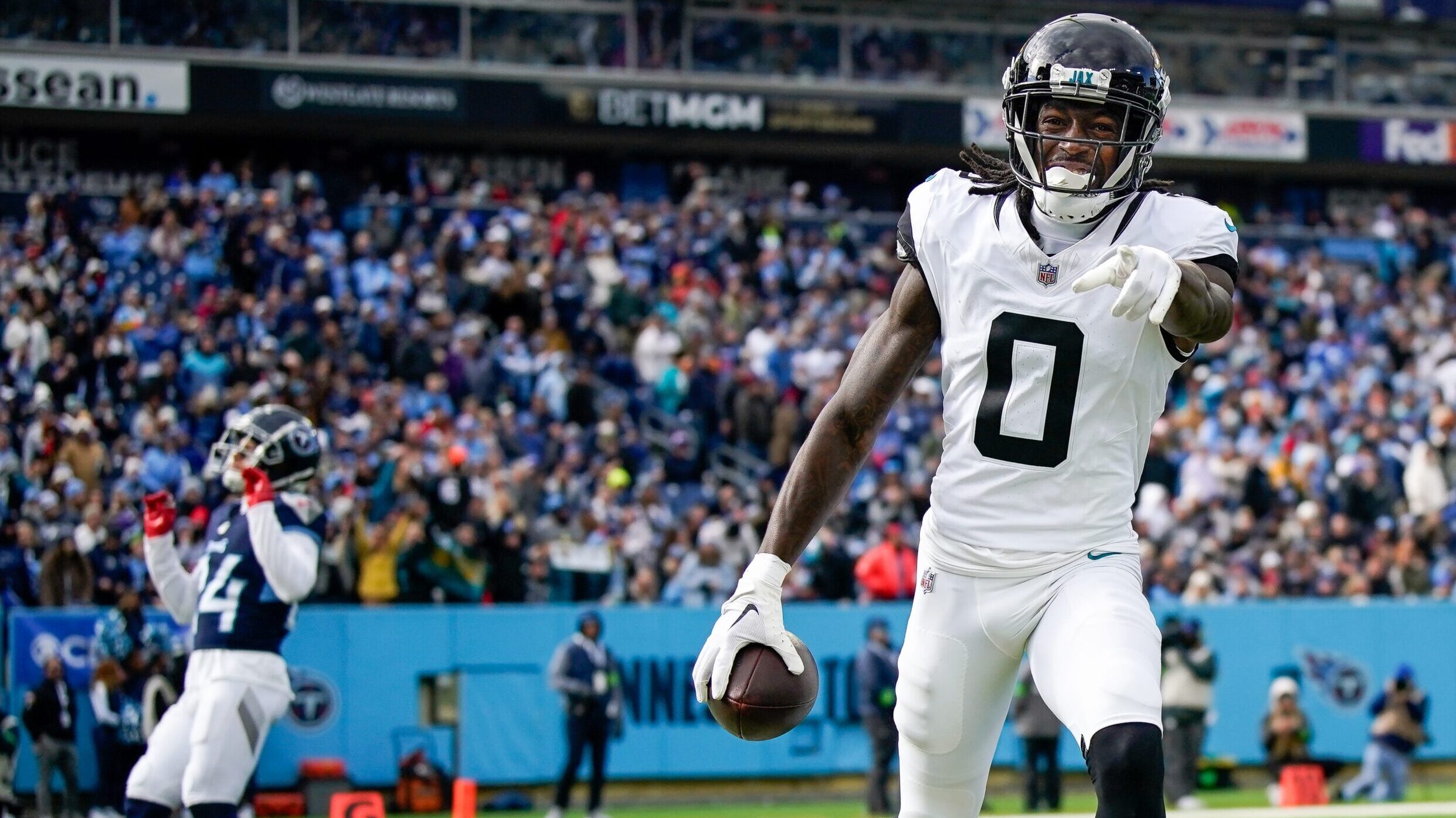 Calvin Ridley celebrates by pointing towards the camera