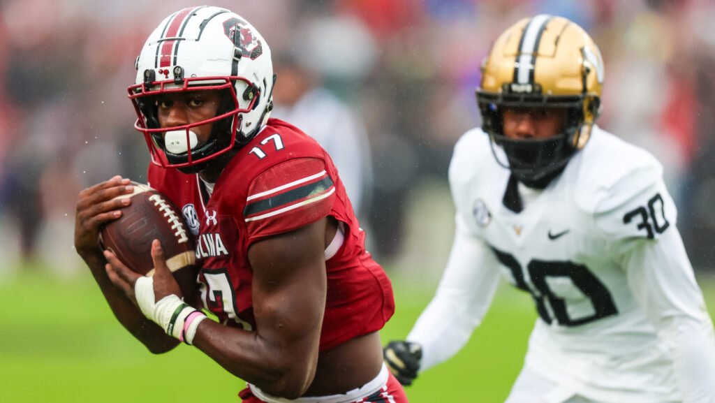 South Carolina wide receiver Xavier Legette catches an over-the-shoulder pass.