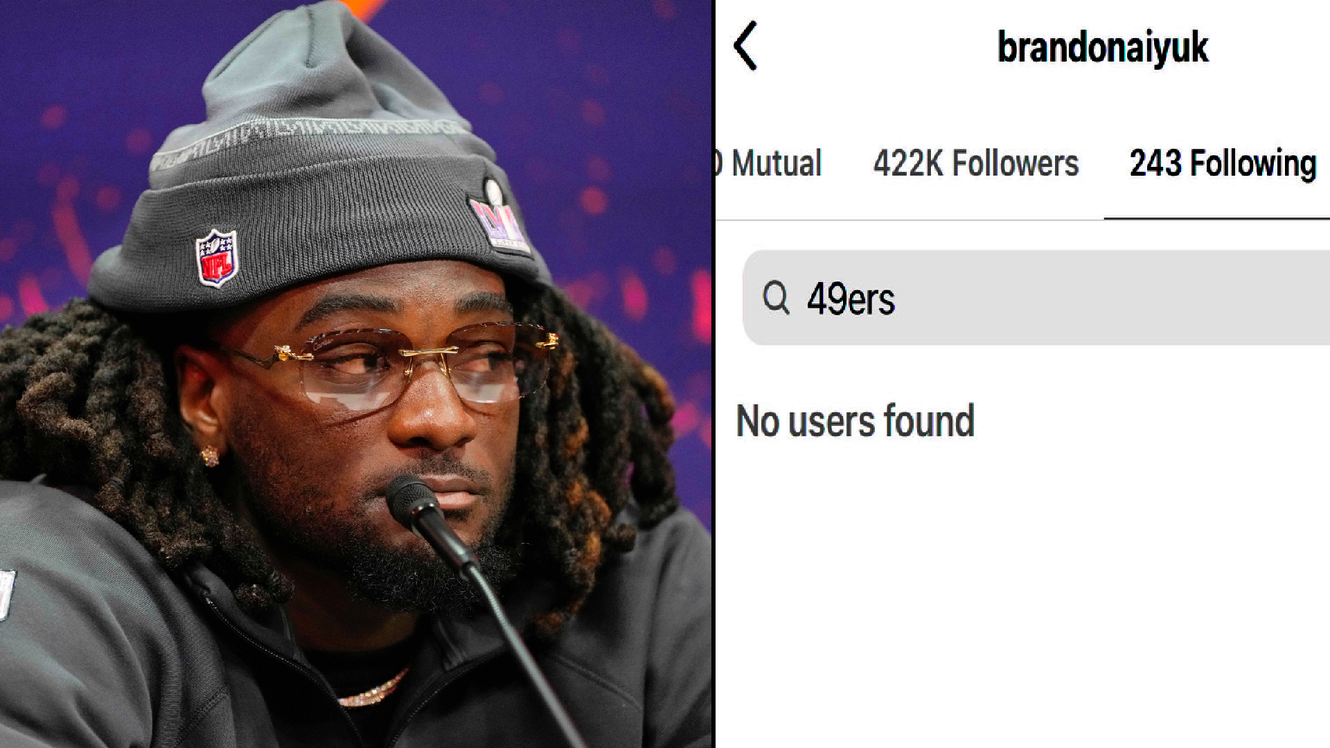 Split image of Brandon Aiyuk and Instagram where he unfollowed the team.