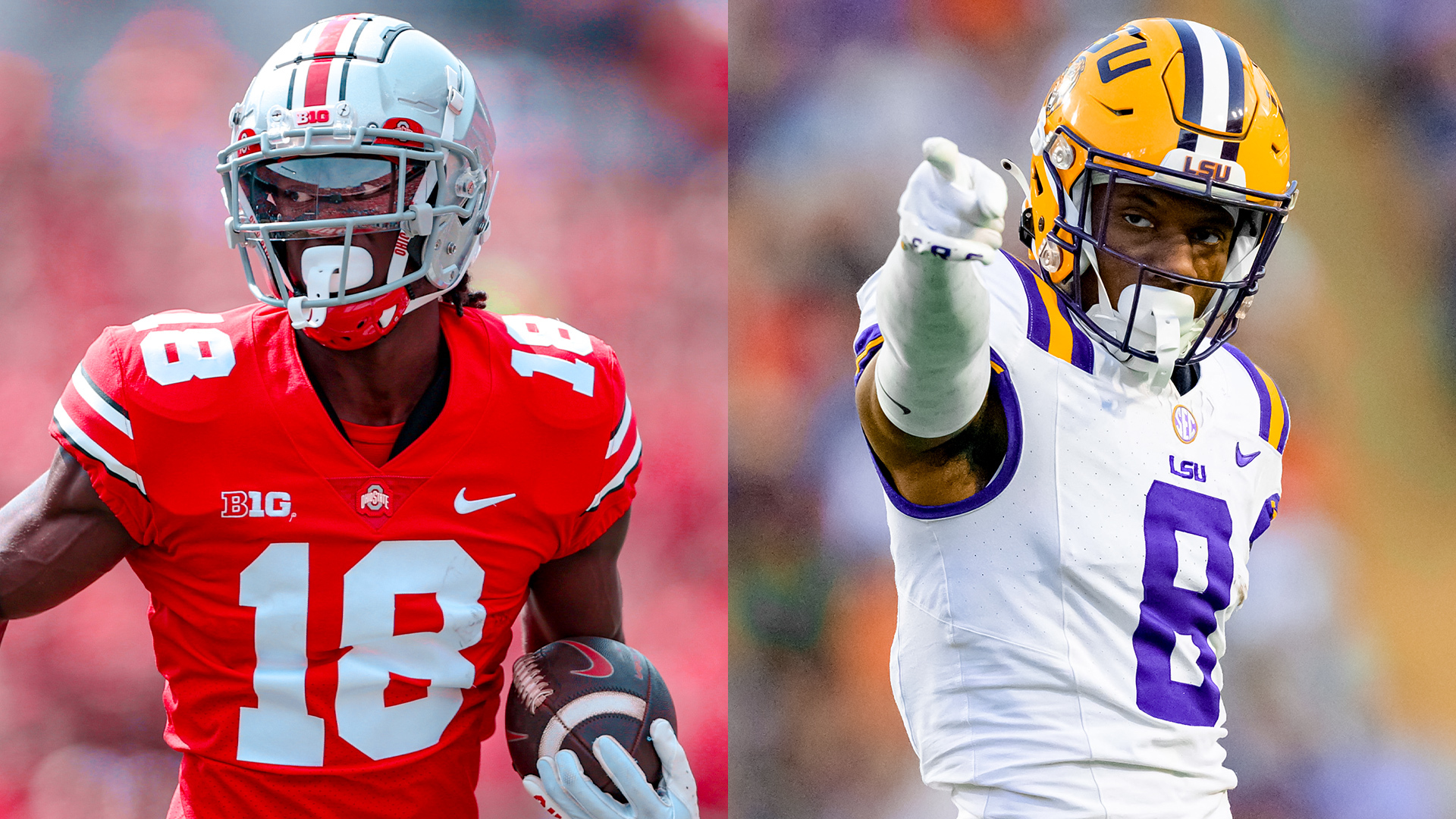 Ohio State WR Marvin Harrison Jr. is pictured left, LSU WR Malik Nabers pictured right