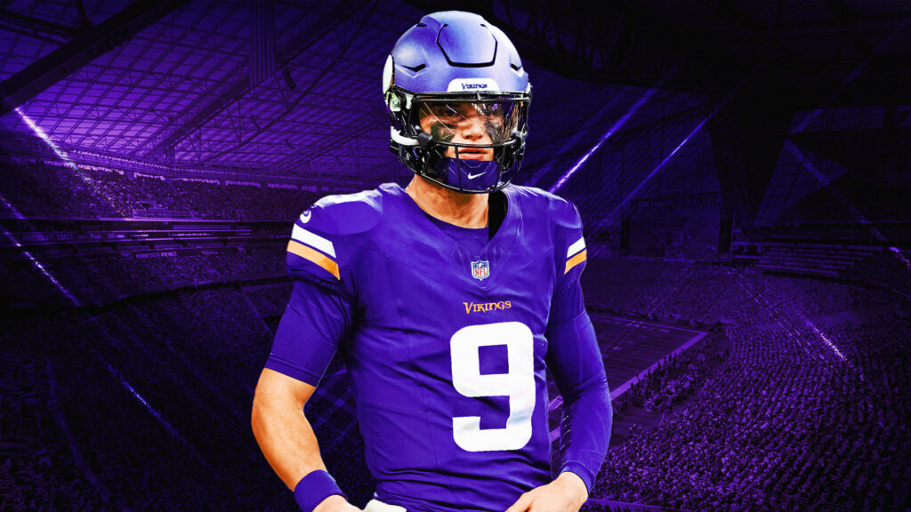 Custom jersey swap image of Michigan QB J.J. McCarthy in a Vikings jersey