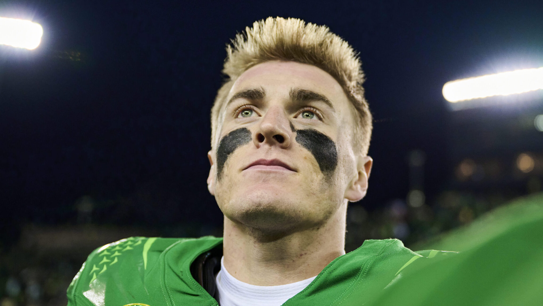 Bo Nix looks on stoically after a win.